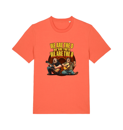 orange music t-shirt with the graphic of two men playing guitars and the slogan 'we are the d'