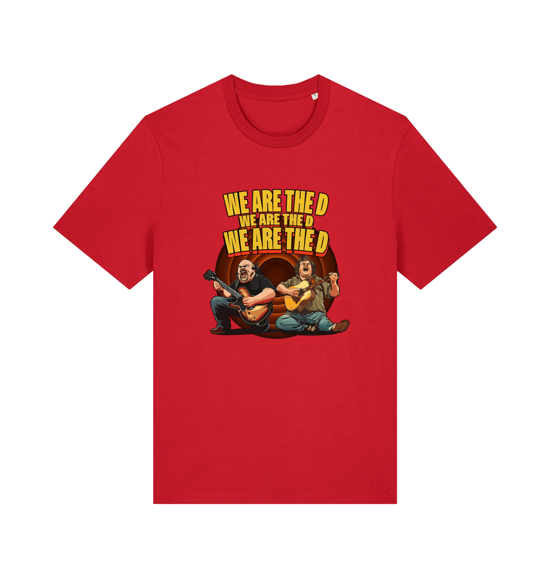 red music t-shirt with the graphic of two men playing guitars and the slogan 'we are the d'