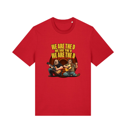 red music t-shirt with the graphic of two men playing guitars and the slogan 'we are the d'