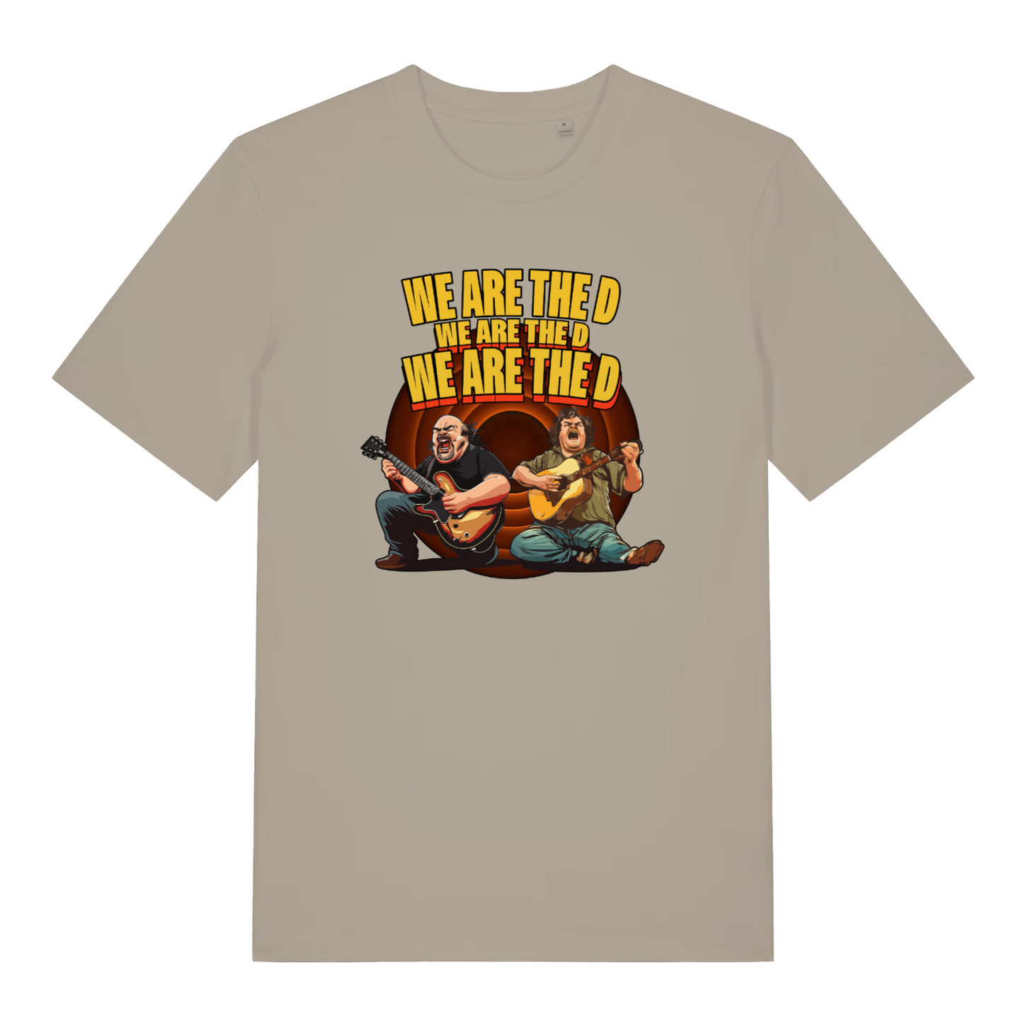 stone music t-shirt with the graphic of two men playing guitars and the slogan 'we are the d we are the d we are the d'