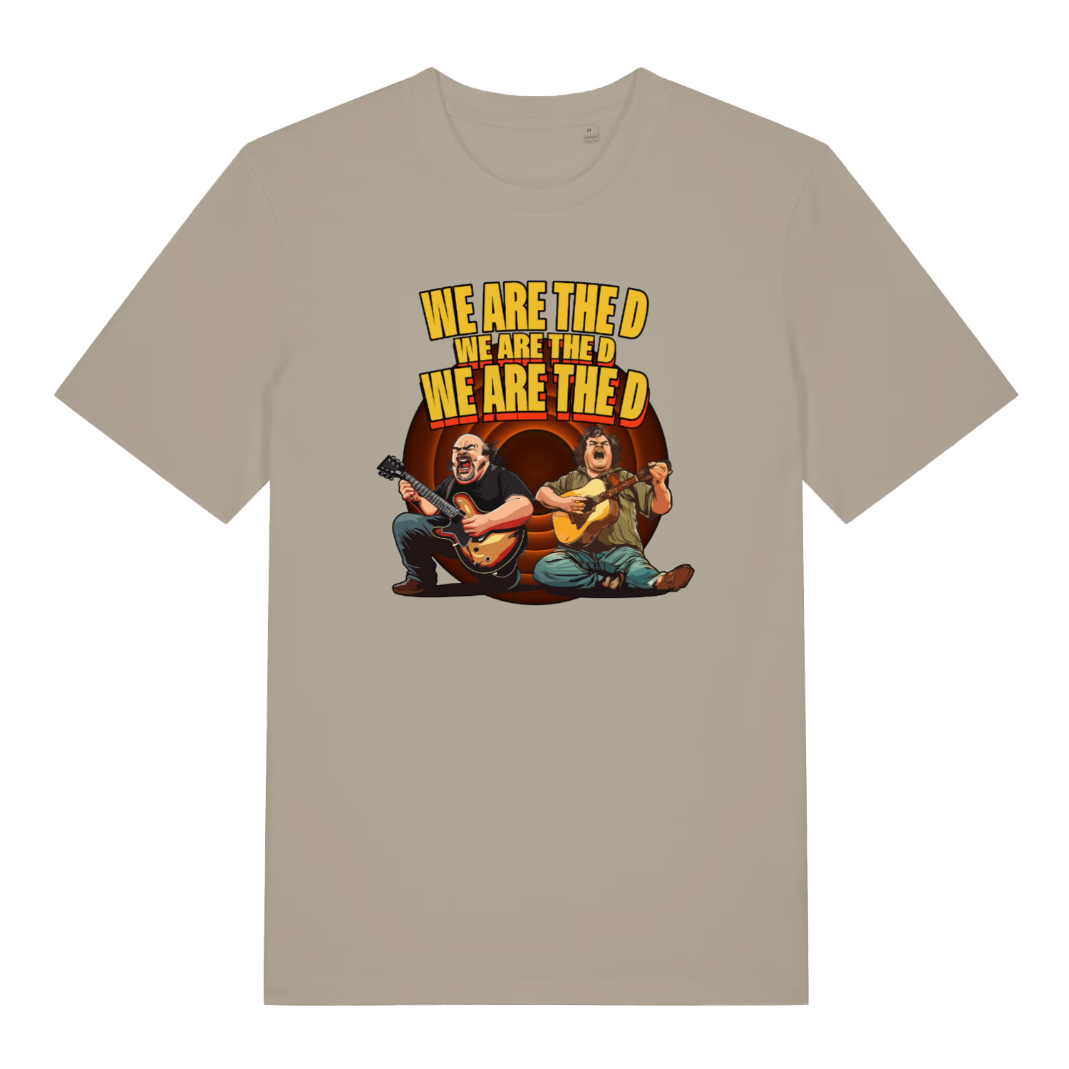 stone music t-shirt with the graphic of two men playing guitars and the slogan 'we are the d we are the d we are the d'