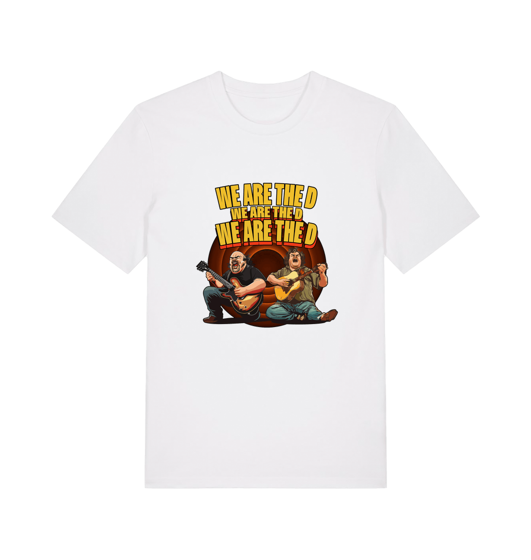 white music t-shirt with the graphic of two men playing guitars and the slogan 'we are the d'