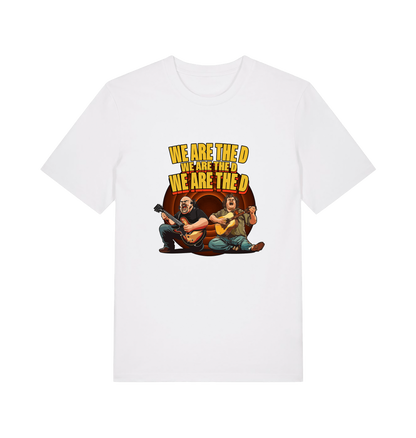 white music t-shirt with the graphic of two men playing guitars and the slogan 'we are the d'