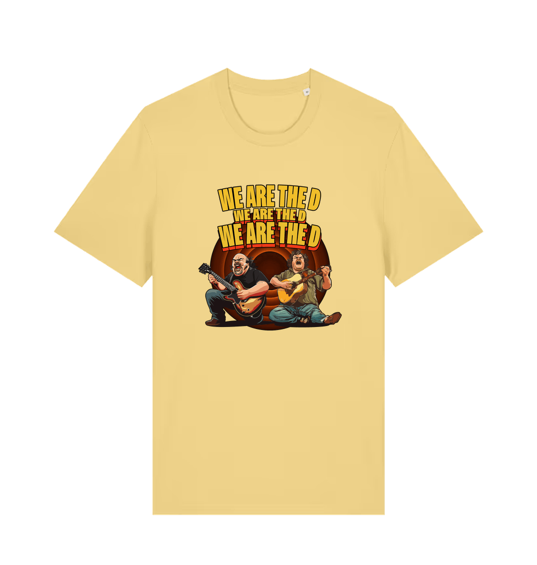 yellow music t-shirt with the graphic of two men playing guitars and the slogan 'we are the d'