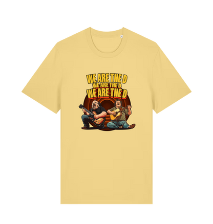 yellow music t-shirt with the graphic of two men playing guitars and the slogan 'we are the d'