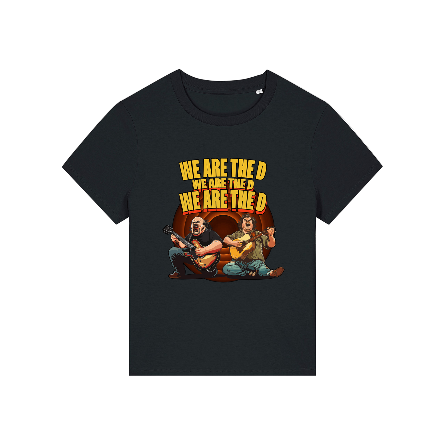 black music t-shirt with the graphic of tenacious d and the slogan 'we are the d, we are the d, we are the d'