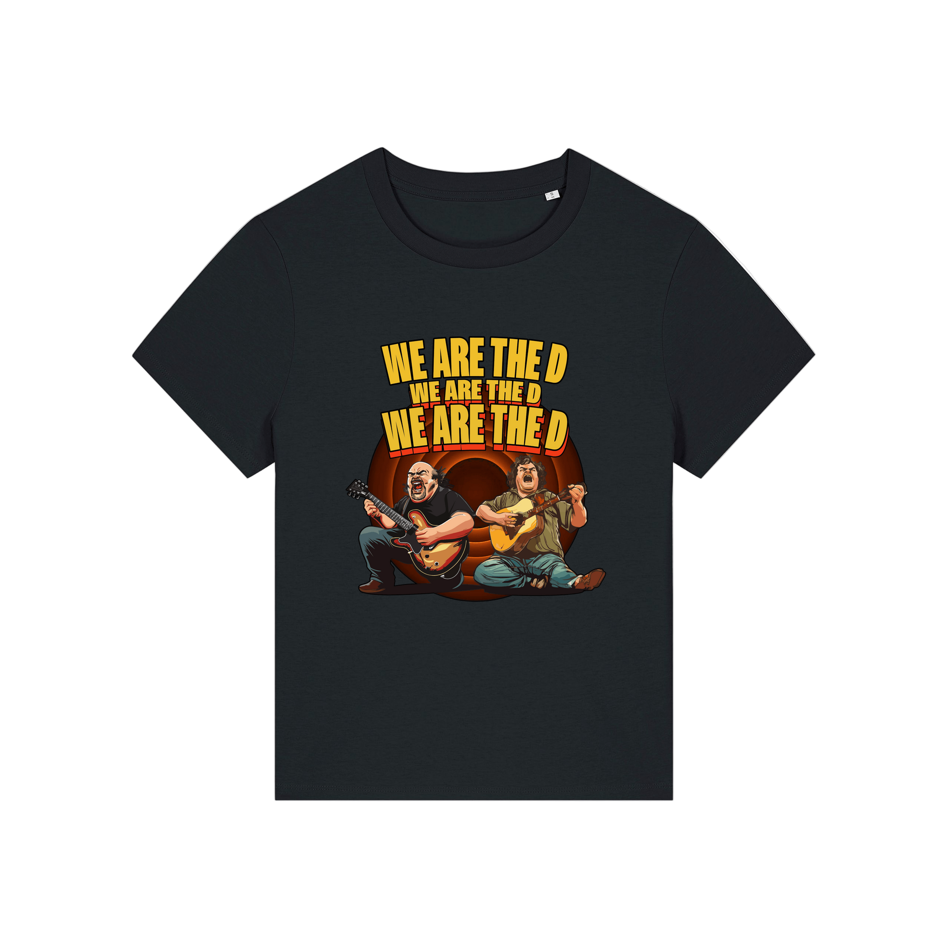 black music t-shirt with the graphic of tenacious d and the slogan 'we are the d, we are the d, we are the d'