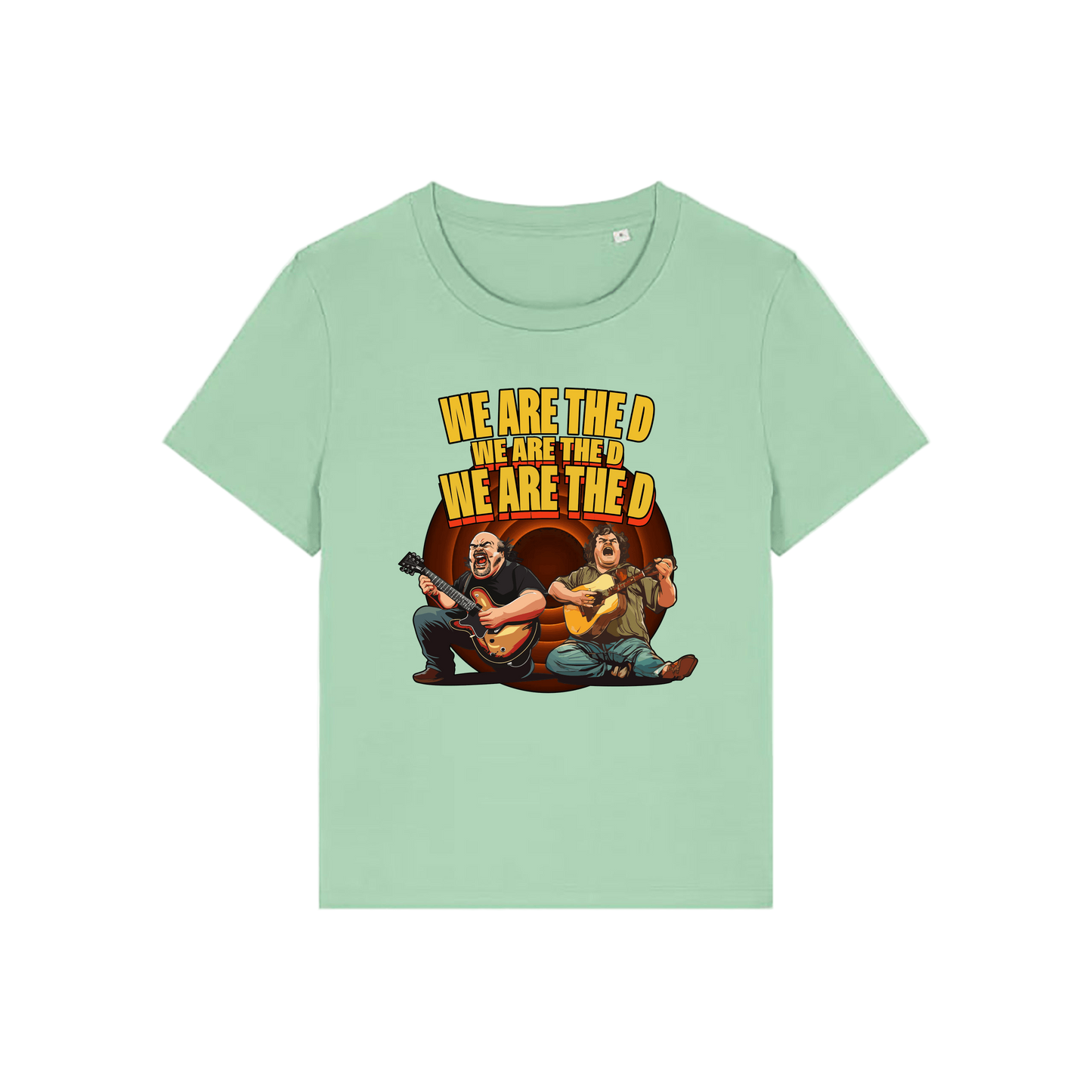 green music t-shirt with the graphic of tenacious d and the slogan 'we are the d, we are the d, we are the d'