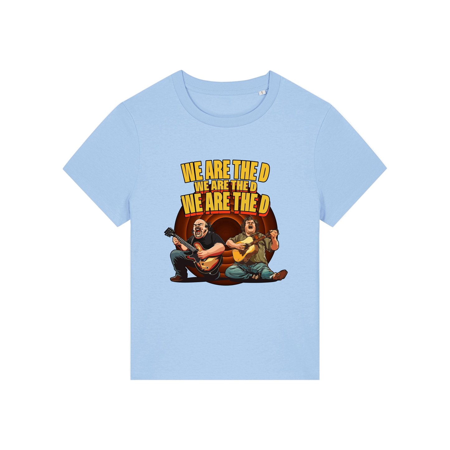 light blue music t-shirt with the graphic of tenacious d and the slogan 'we are the d, we are the d, we are the d'