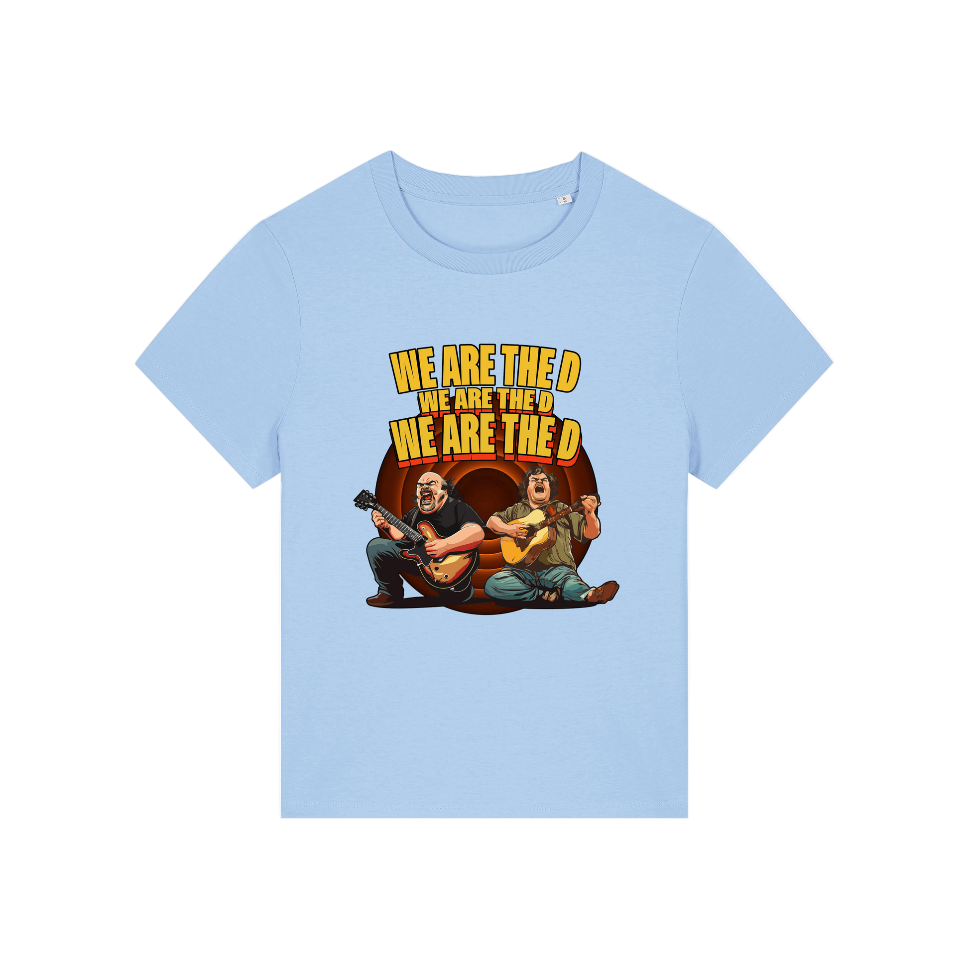 light blue music t-shirt with the graphic of tenacious d and the slogan 'we are the d, we are the d, we are the d'