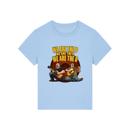 light blue music t-shirt with the graphic of tenacious d and the slogan 'we are the d, we are the d, we are the d'