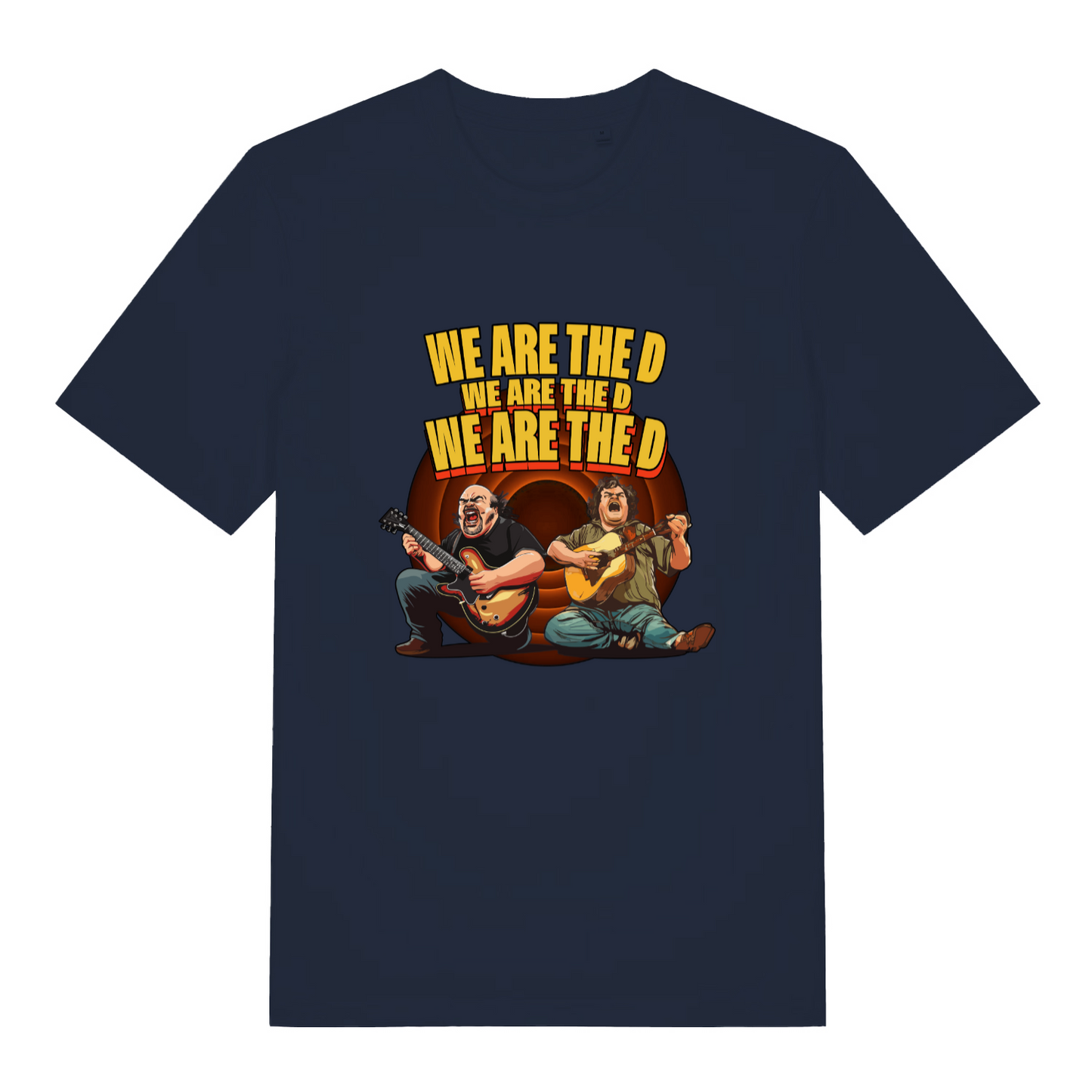 navy women's music t-shirt with the graphic of two people playing guitars and the text 'we are the d, we are the d, we are the d'