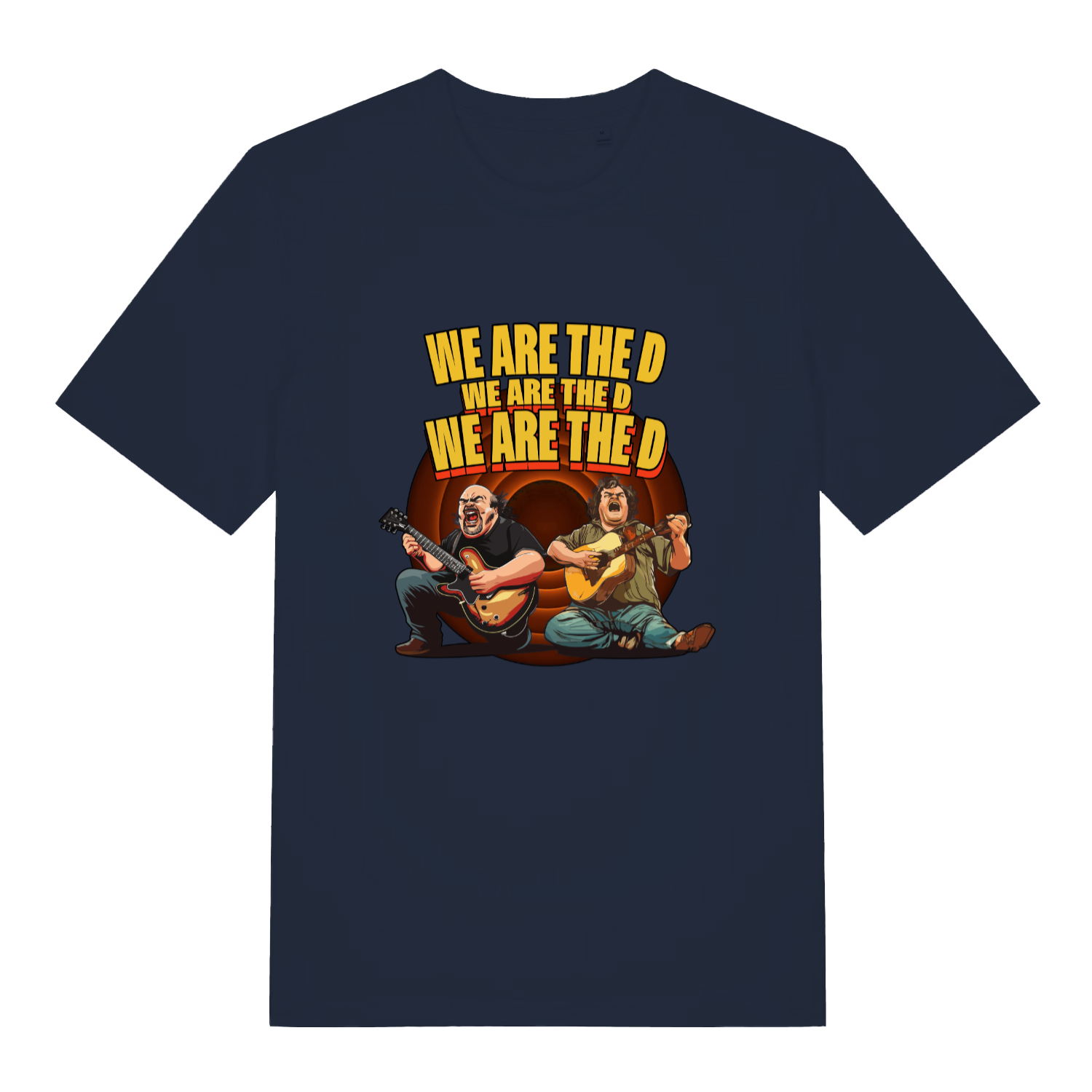 navy women's music t-shirt with the graphic of two people playing guitars and the text 'we are the d, we are the d, we are the d'