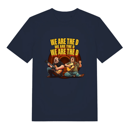 navy women's music t-shirt with the graphic of two people playing guitars and the text 'we are the d, we are the d, we are the d'
