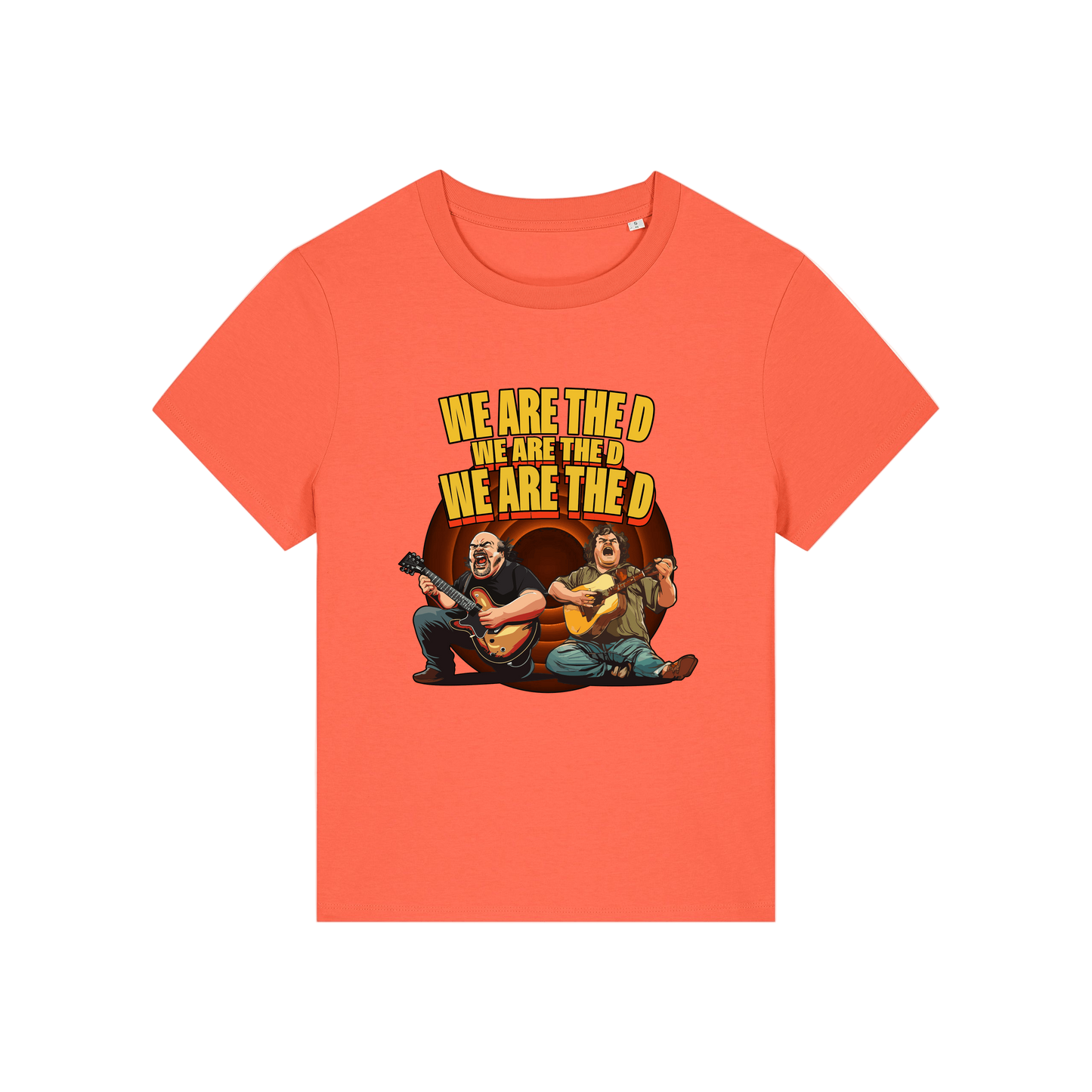 orange music t-shirt with the graphic of tenacious d and the slogan 'we are the d, we are the d, we are the d'