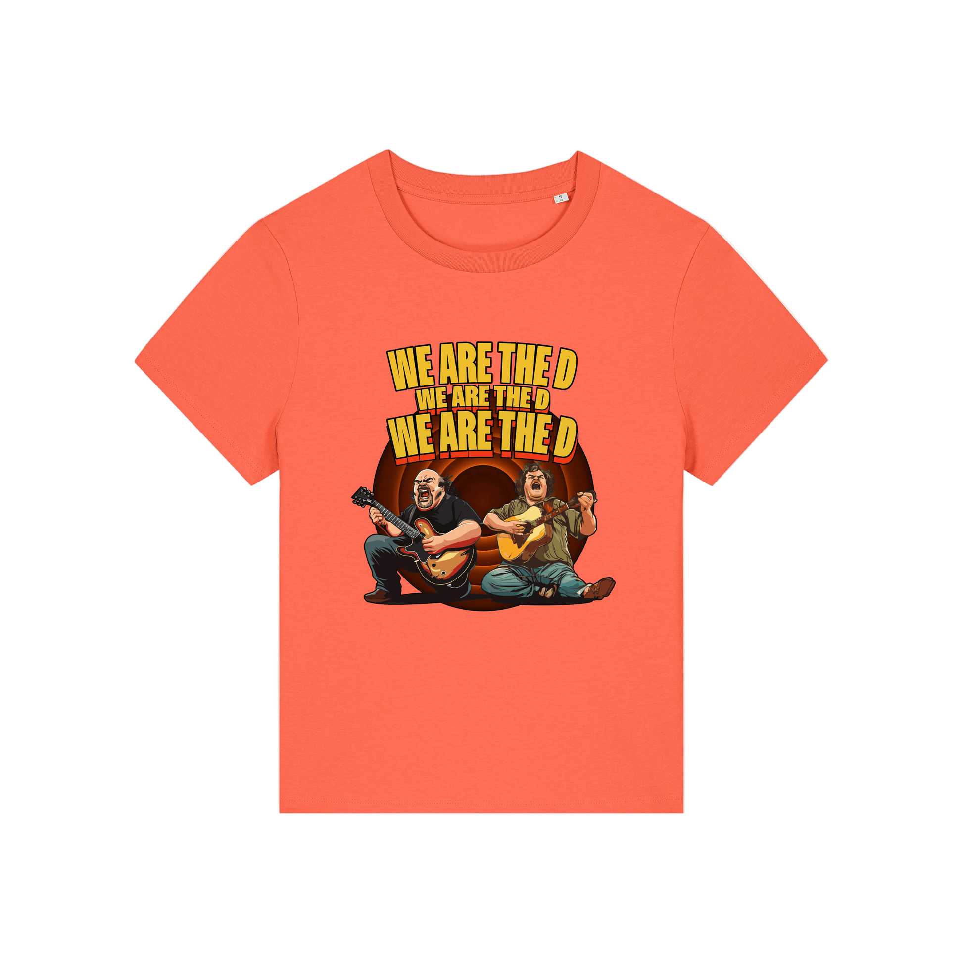 orange music t-shirt with the graphic of tenacious d and the slogan 'we are the d, we are the d, we are the d'