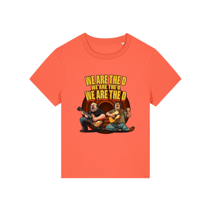 orange music t-shirt with the graphic of tenacious d and the slogan 'we are the d, we are the d, we are the d'