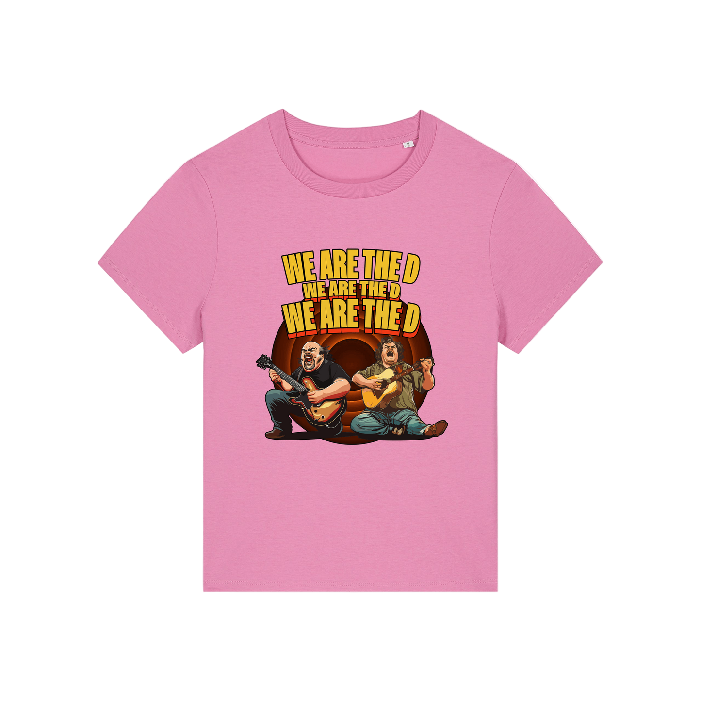 pink music t-shirt with the graphic of tenacious d and the slogan 'we are the d, we are the d, we are the d'