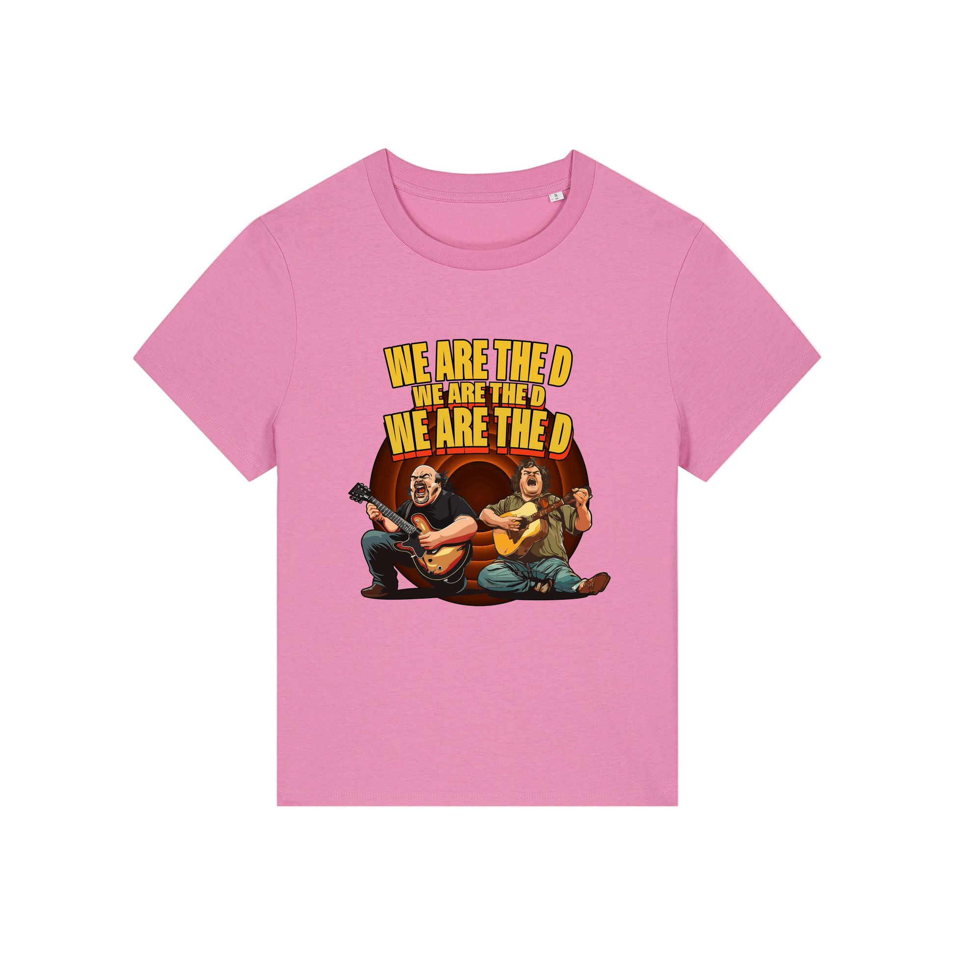 pink music t-shirt with the graphic of tenacious d and the slogan 'we are the d, we are the d, we are the d'