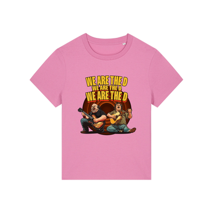 pink music t-shirt with the graphic of tenacious d and the slogan 'we are the d, we are the d, we are the d'