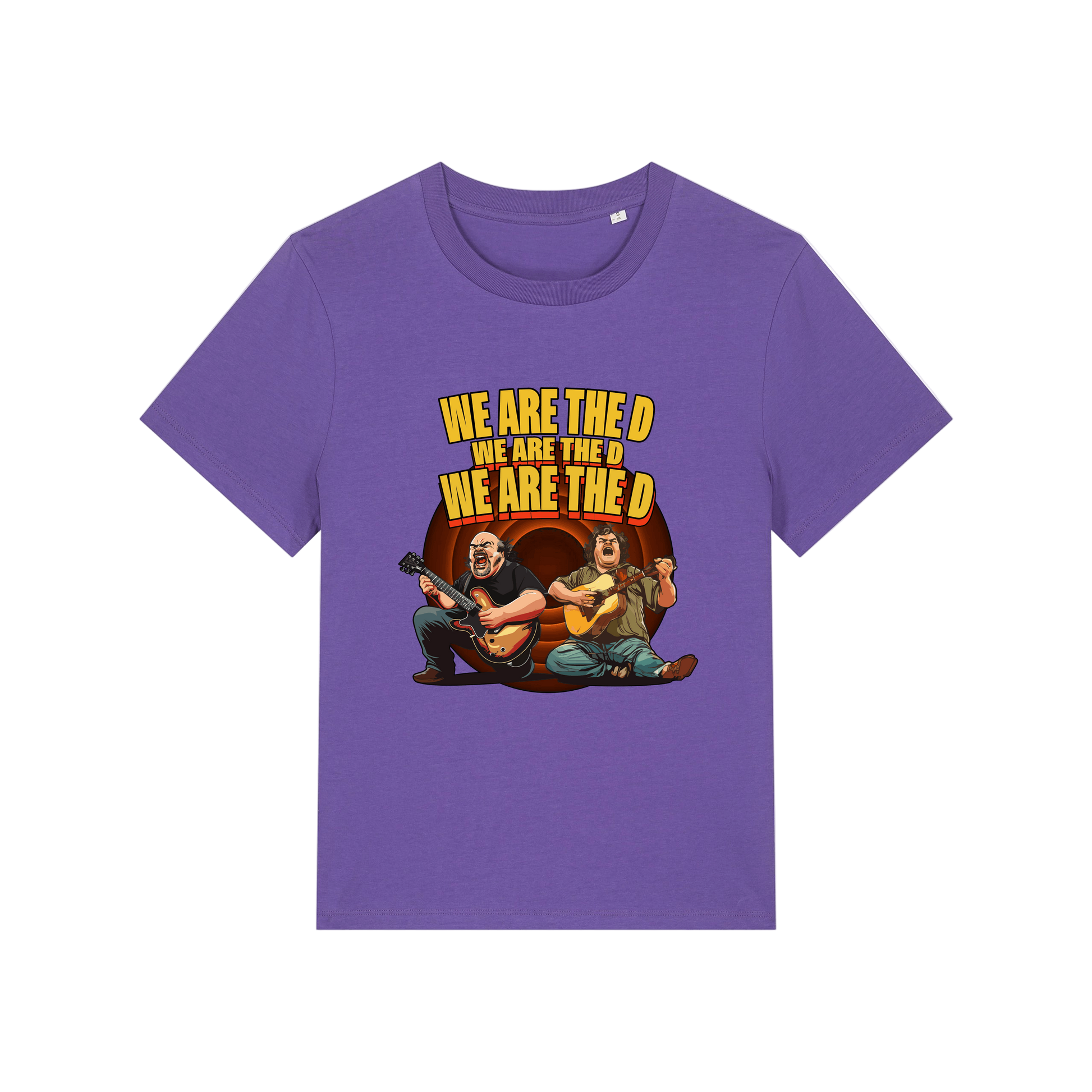 purple music t-shirt with the graphic of tenacious d and the slogan 'we are the d, we are the d, we are the d'