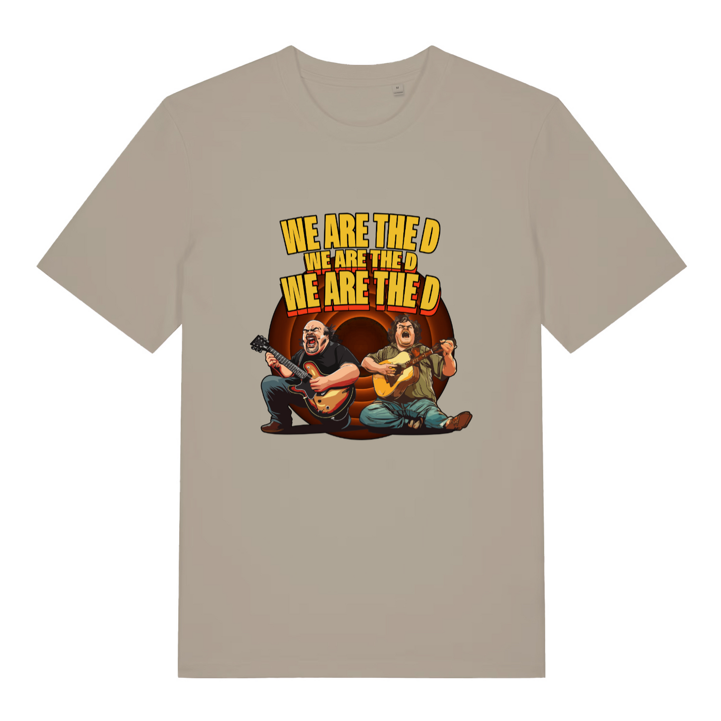 stone women's music t-shirt with the graphic of two people playing guitars and the text 'we are the d, we are the d, we are the d'