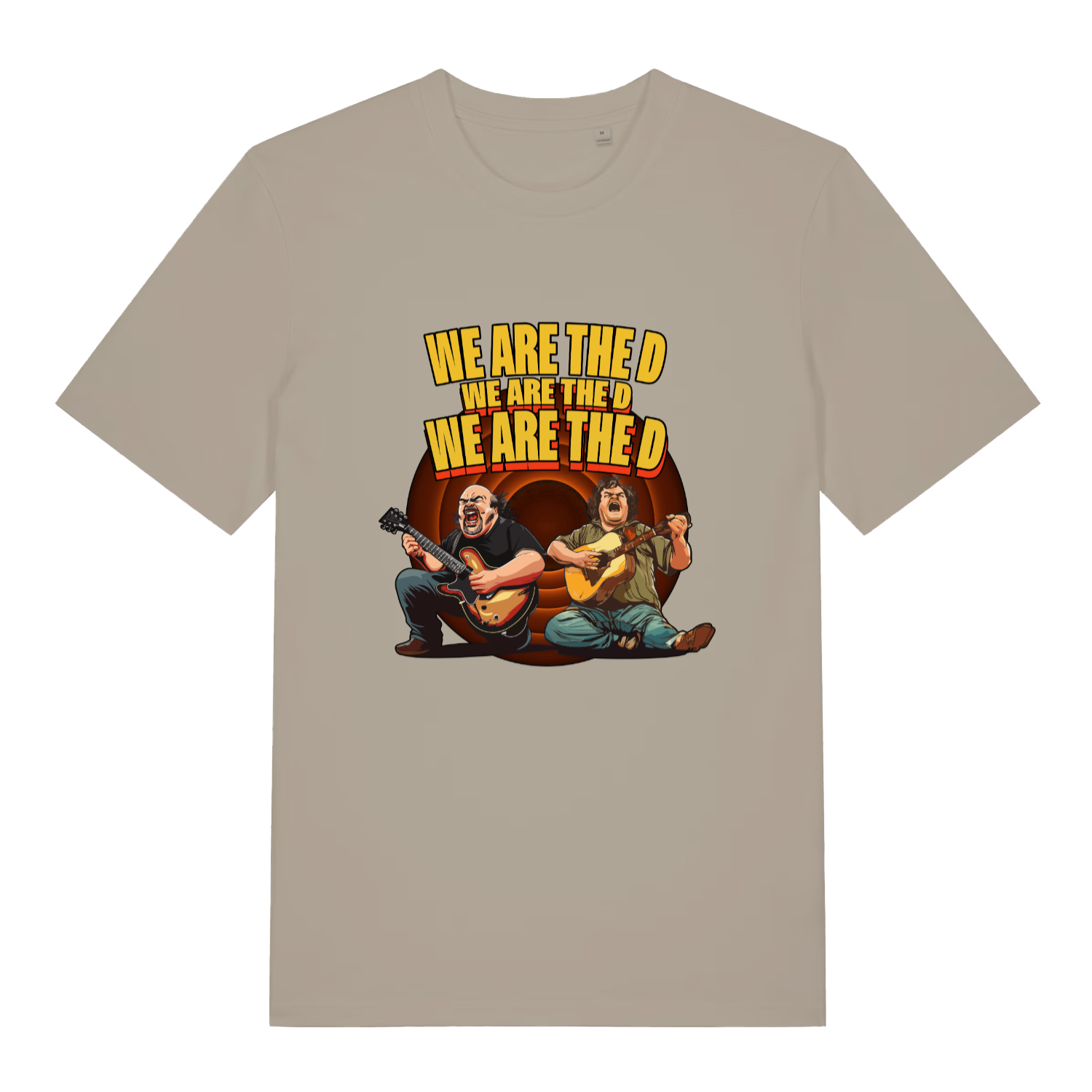 stone women's music t-shirt with the graphic of two people playing guitars and the text 'we are the d, we are the d, we are the d'