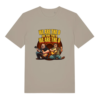 stone women's music t-shirt with the graphic of two people playing guitars and the text 'we are the d, we are the d, we are the d'