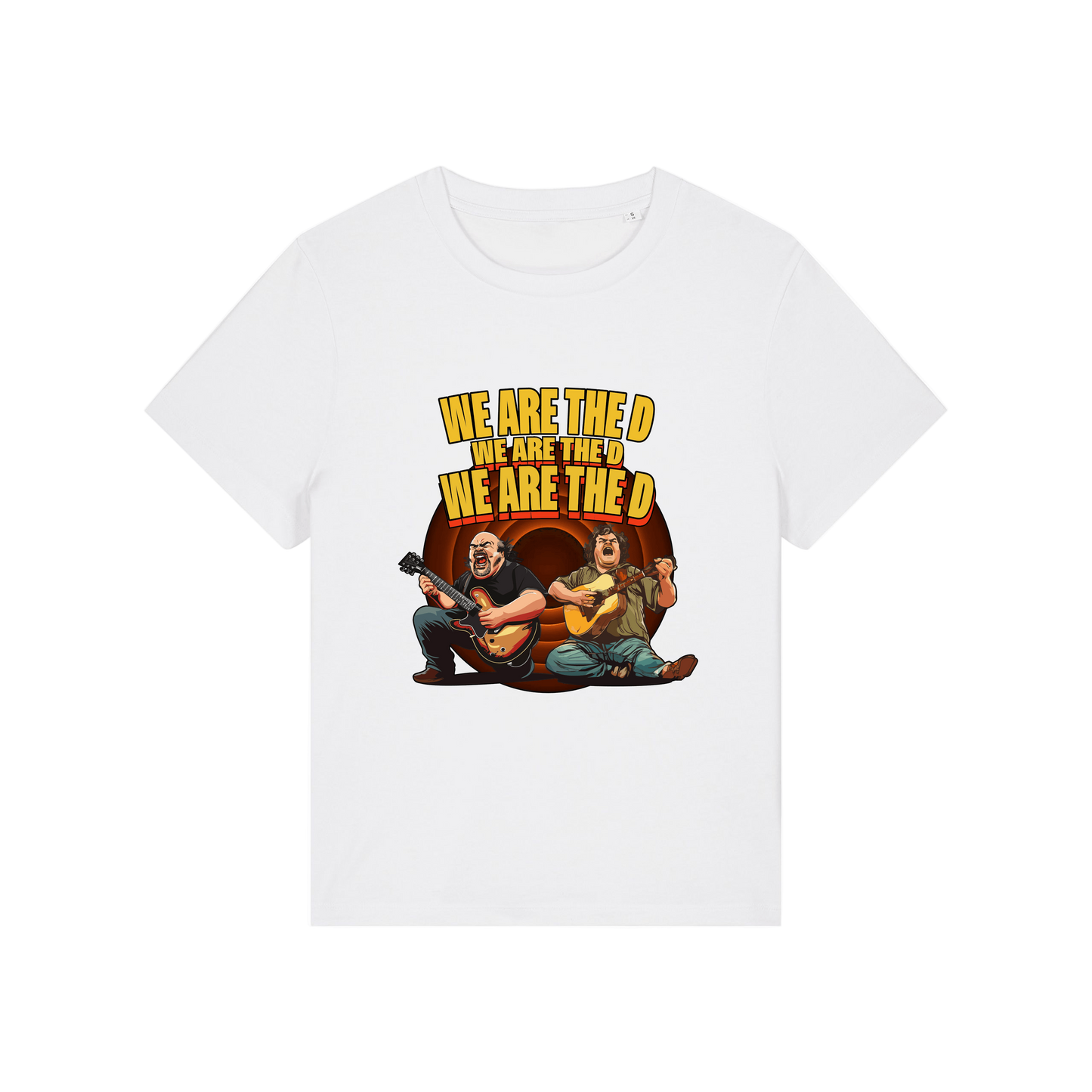 white music t-shirt with the graphic of tenacious d and the slogan 'we are the d, we are the d, we are the d'