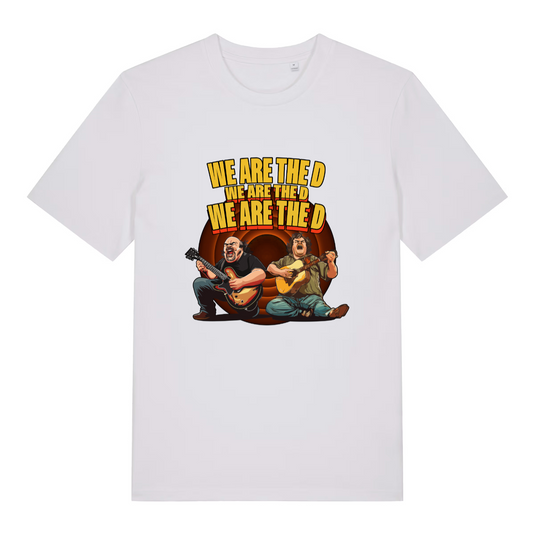 white women's music t-shirt with the graphic of two people playing guitars and the text 'we are the d, we are the d, we are the d'