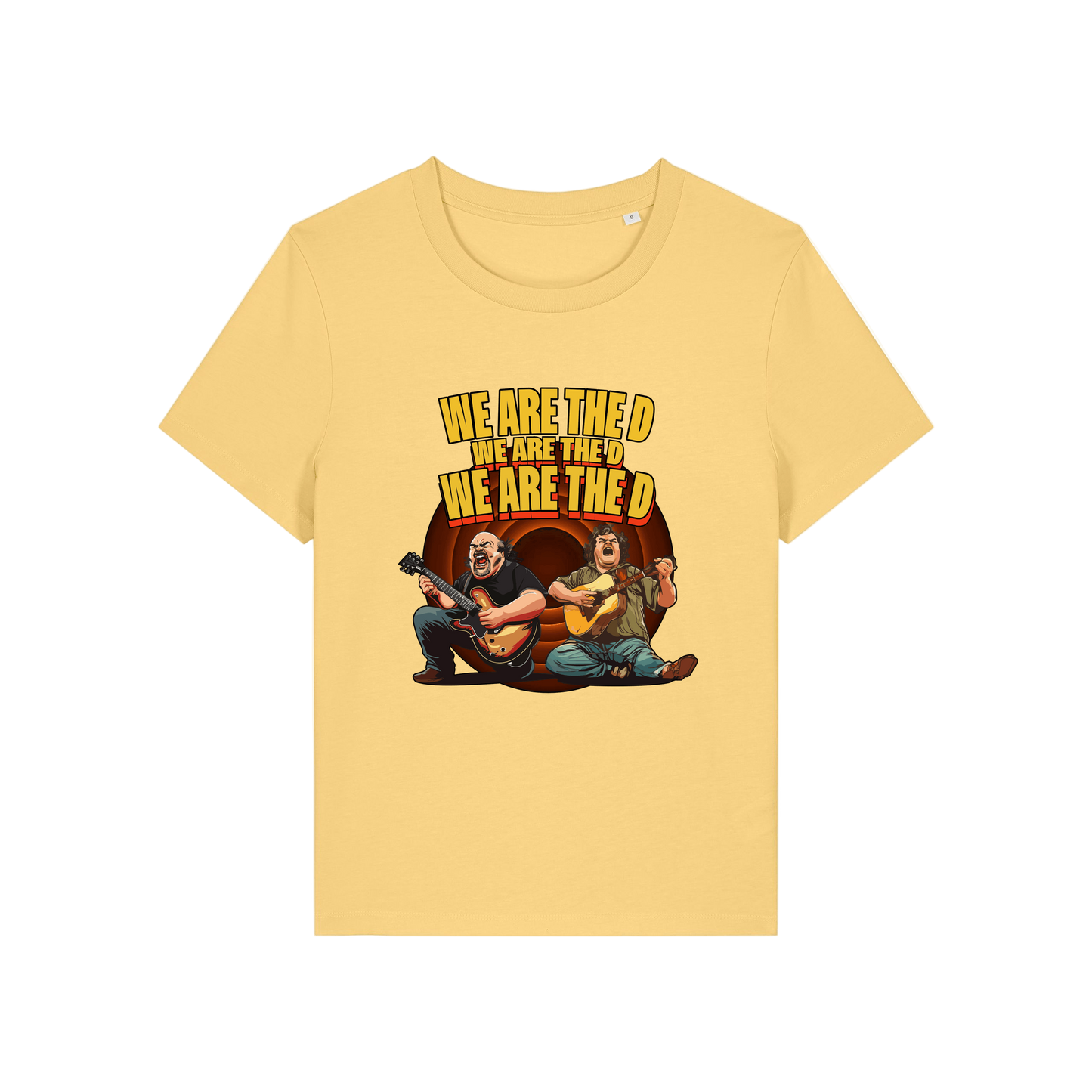 yellow music t-shirt with the graphic of tenacious d and the slogan 'we are the d, we are the d, we are the d'