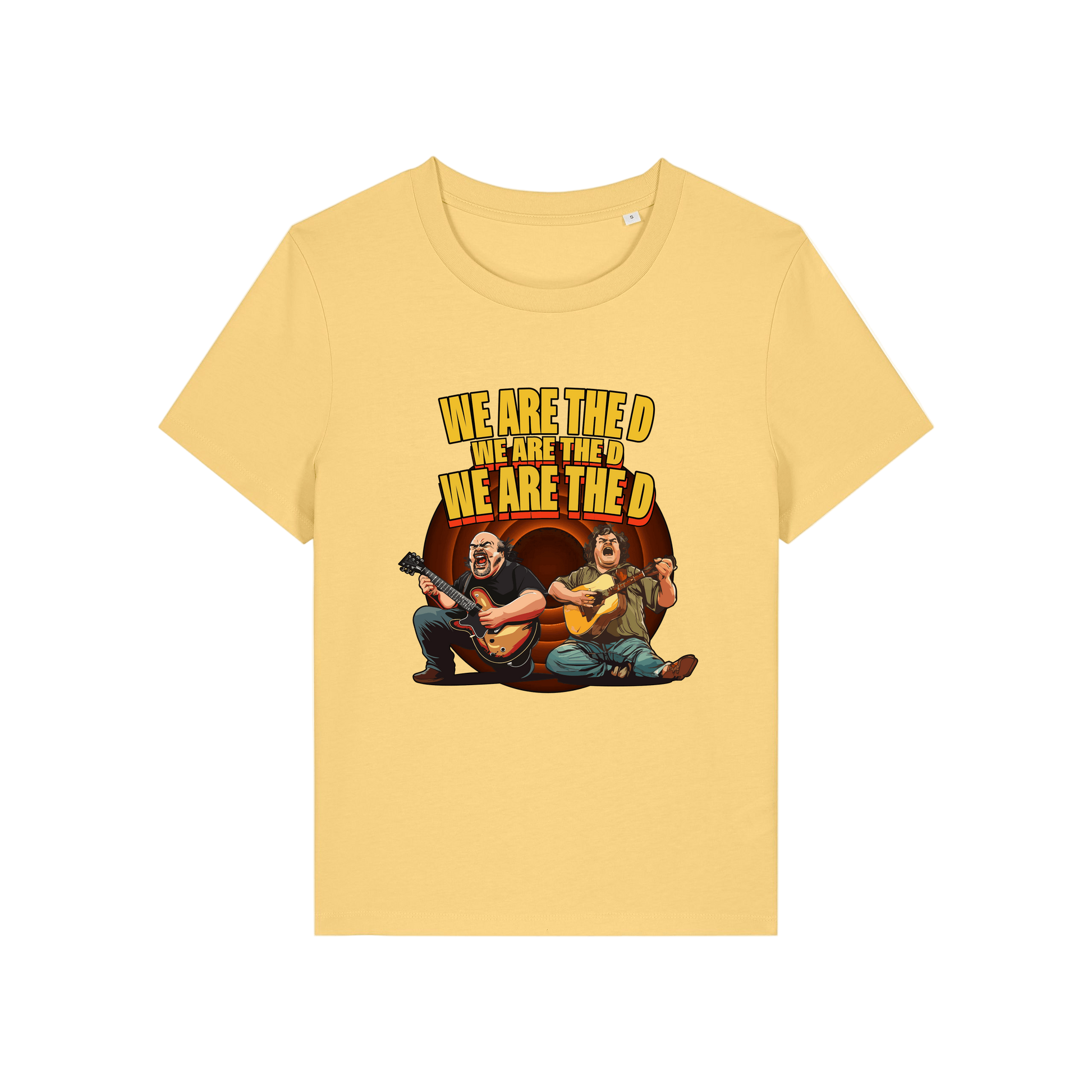 yellow music t-shirt with the graphic of tenacious d and the slogan 'we are the d, we are the d, we are the d'