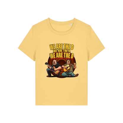 yellow music t-shirt with the graphic of tenacious d and the slogan 'we are the d, we are the d, we are the d'