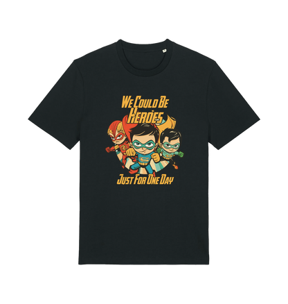 black music t-shirt with the graphic of three superheroes and the slogan 'we could be heroes'