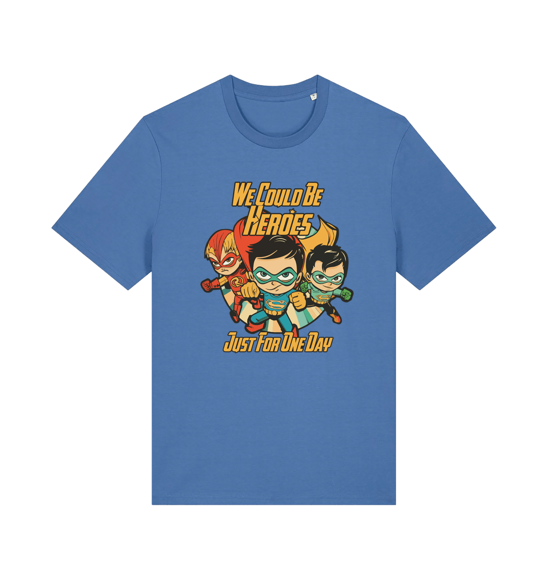 blue music t-shirt with the graphic of three superheroes and the slogan 'we could be heroes'