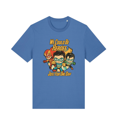 blue music t-shirt with the graphic of three superheroes and the slogan 'we could be heroes'