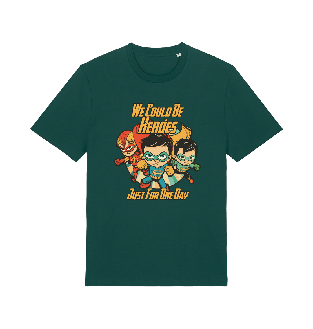 green music t-shirt with the graphic of three superheroes and the slogan 'we could be heroes'