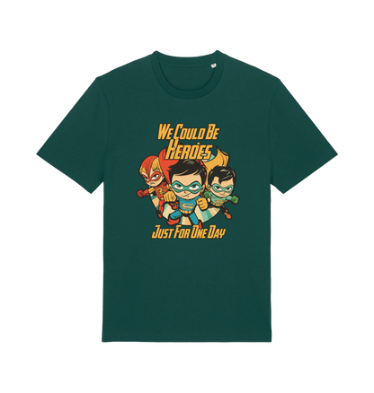 green music t-shirt with the graphic of three superheroes and the slogan 'we could be heroes'