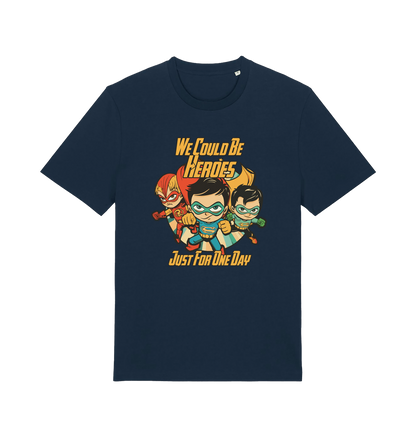 navy music t-shirt with the graphic of three superheroes and the slogan 'we could be heroes'