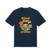 navy music t-shirt with the graphic of three superheroes and the slogan 'we could be heroes'