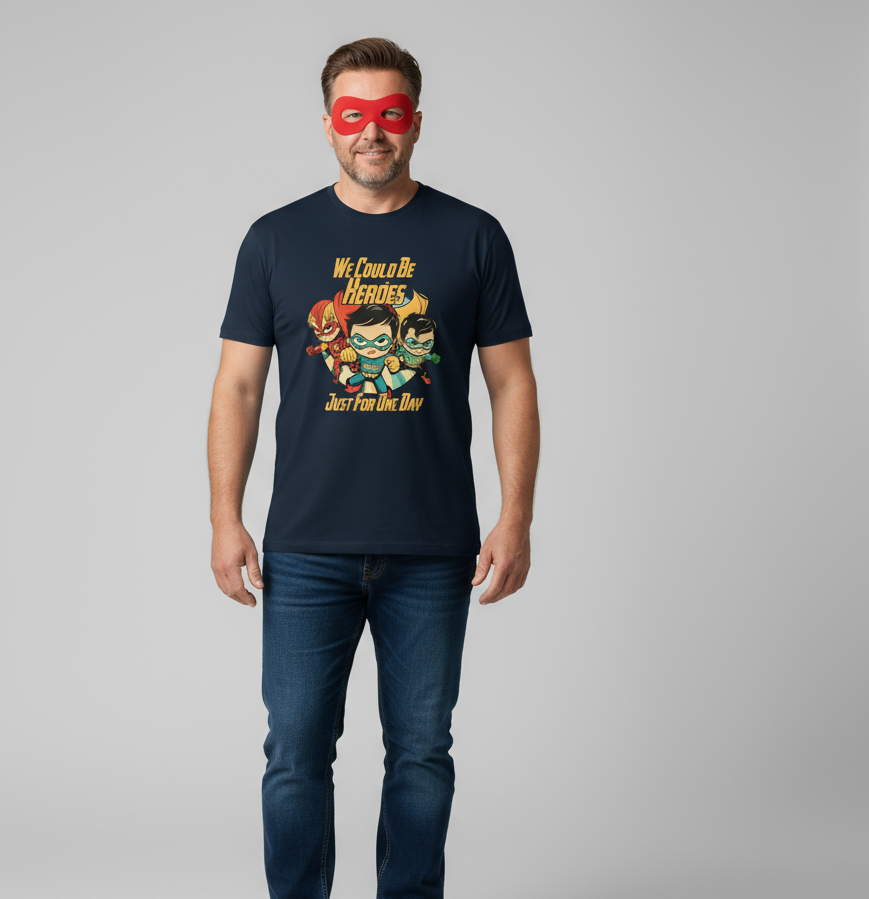 Man wearing a navy t-shirt with superhero graphic and red mask on gray background
