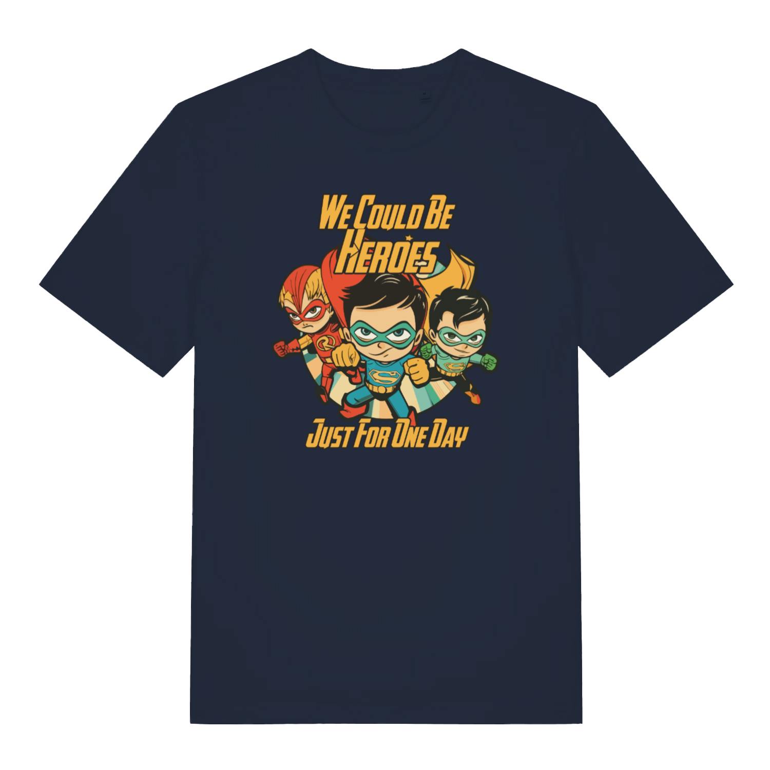 navy music t-shirt with the graphic of three superheroes and the slogan 'we could be heroes'