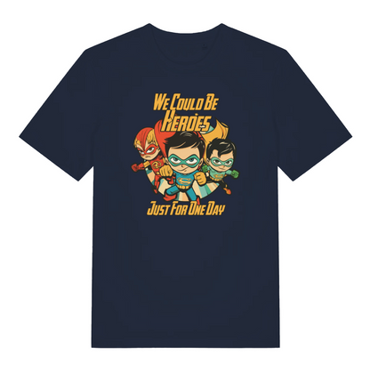 navy music t-shirt with the graphic of three superheroes and the slogan 'we could be heroes'