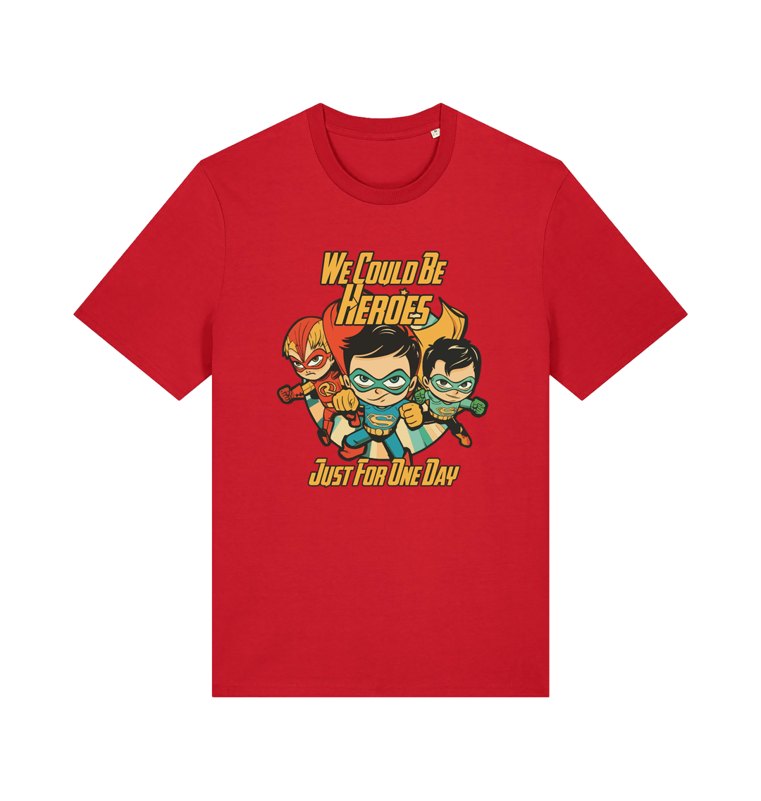 red music t-shirt with the graphic of three superheroes and the slogan 'we could be heroes'