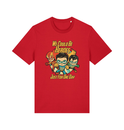 red music t-shirt with the graphic of three superheroes and the slogan 'we could be heroes'