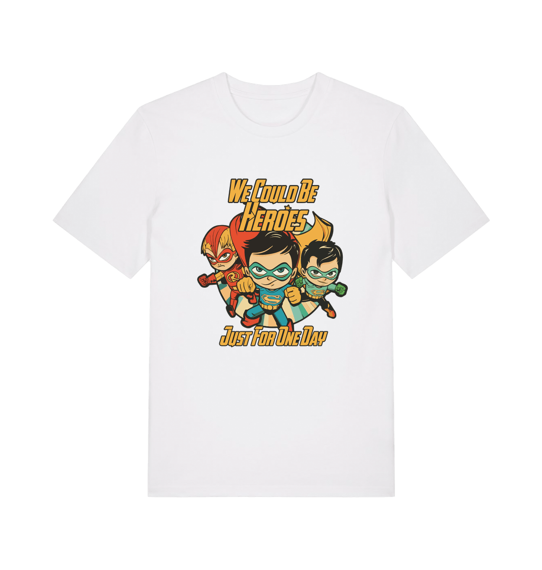 white music t-shirt with the graphic of three superheroes and the slogan 'we could be heroes'