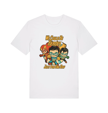 white music t-shirt with the graphic of three superheroes and the slogan 'we could be heroes'