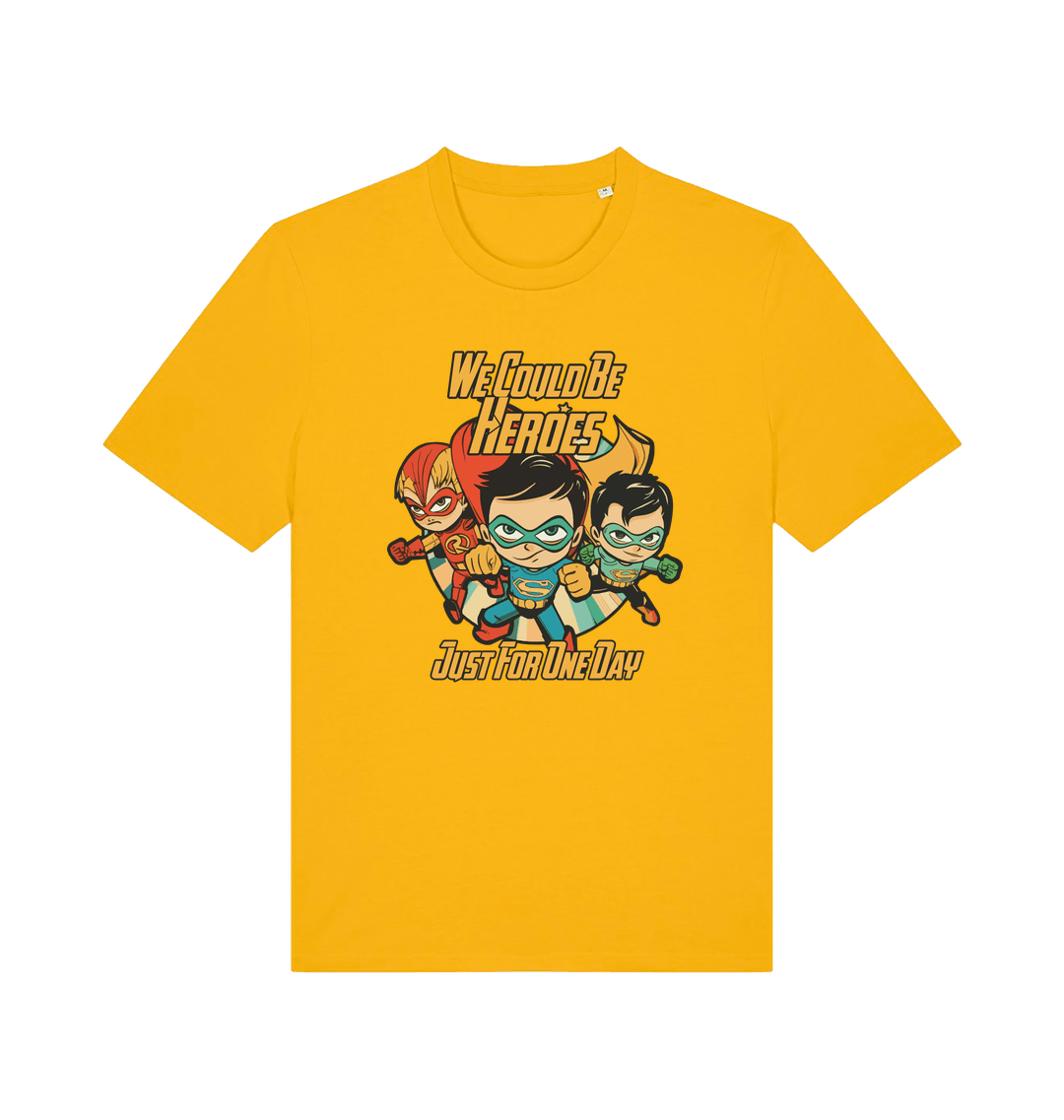 yellow music t-shirt with the graphic of three superheroes and the slogan 'we could be heroes'