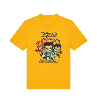 yellow music t-shirt with the graphic of three superheroes and the slogan 'we could be heroes'