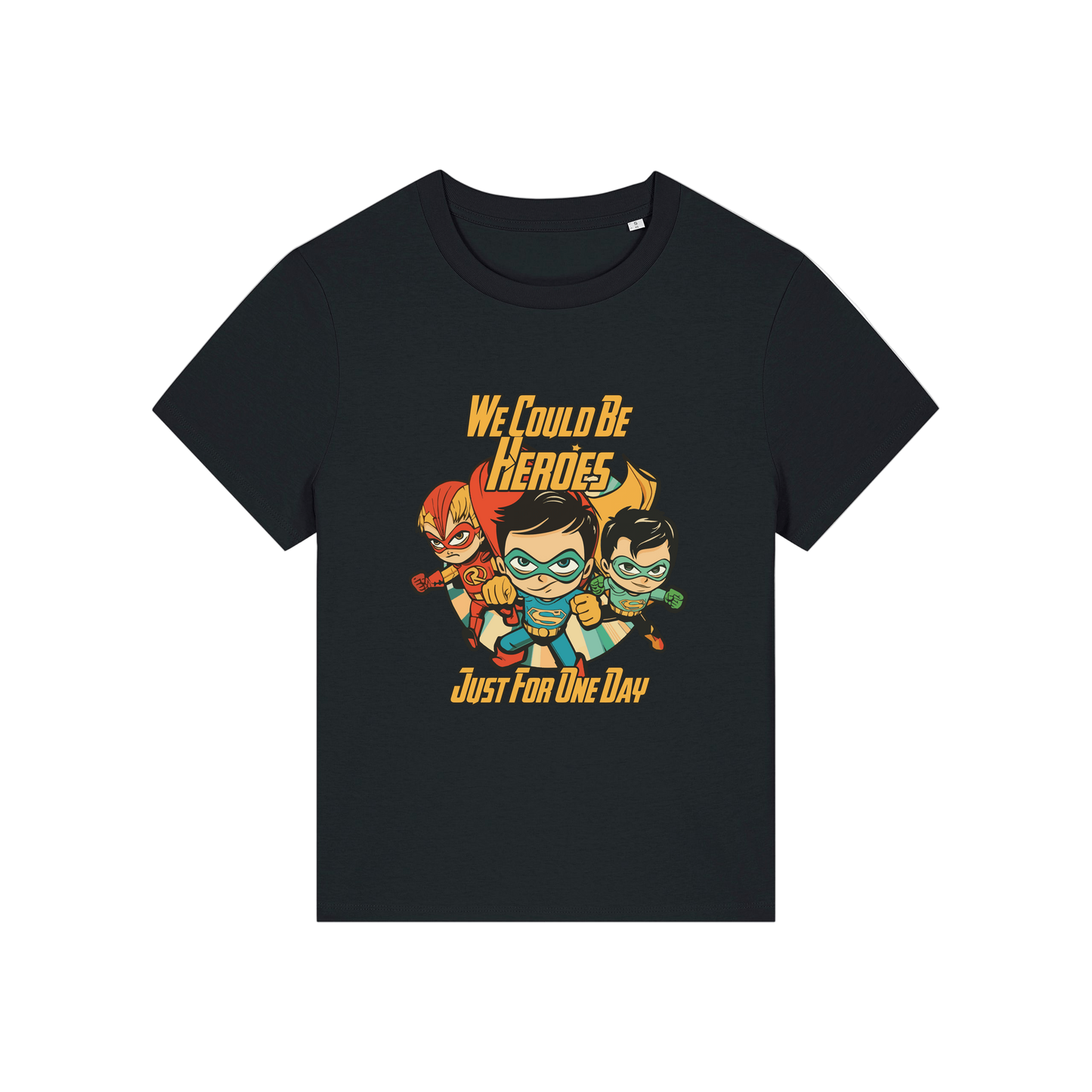 black music t-shirt with a graphic of three superheroes and the slogan 'we could ne heroes'